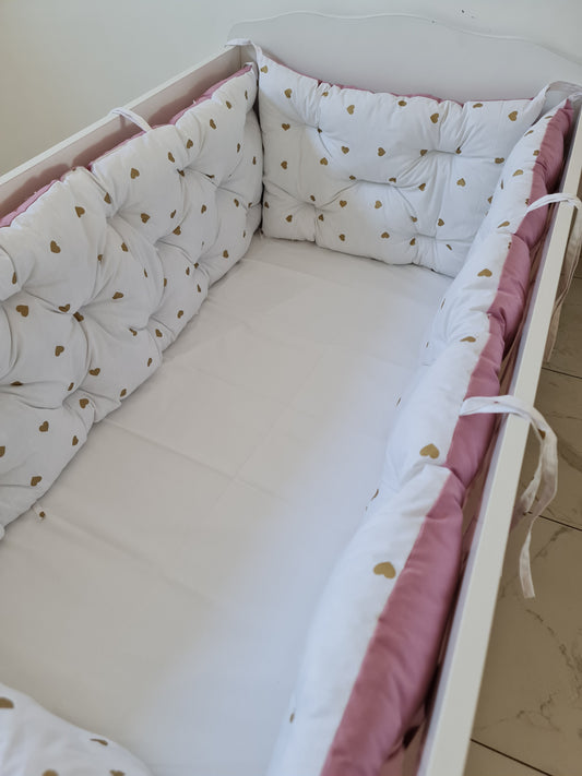 Bebek Beşik Kenar Koruma Takımı Kalpler %100 Pamuk Kumaş